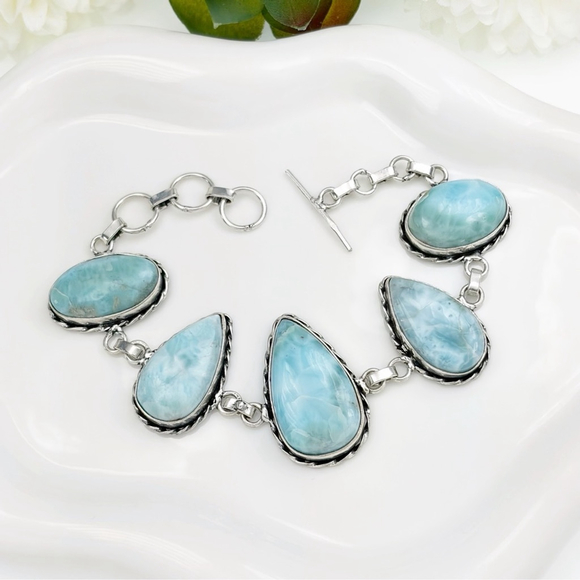 Blue Larimar Chunky Gemstone Bracelet Oval Pear New 925 - Picture 5 of 8